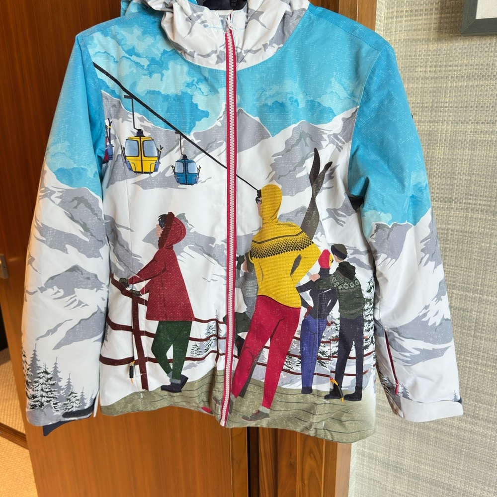 Blue and Red Puffer Jacket with Weather-Resistant Design